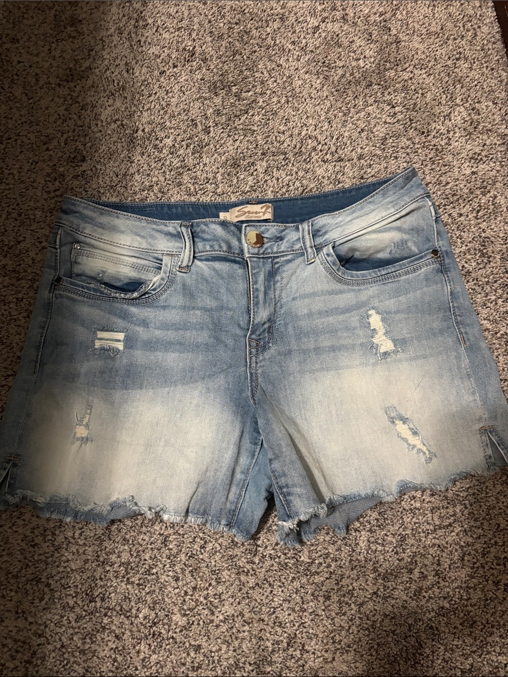 Seven7 Distressed Light Blue Denim Jean Shorts with Frayed Hem